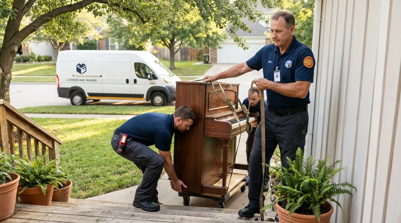 Licensed piano movers securing grand piano in Franklinville, NC