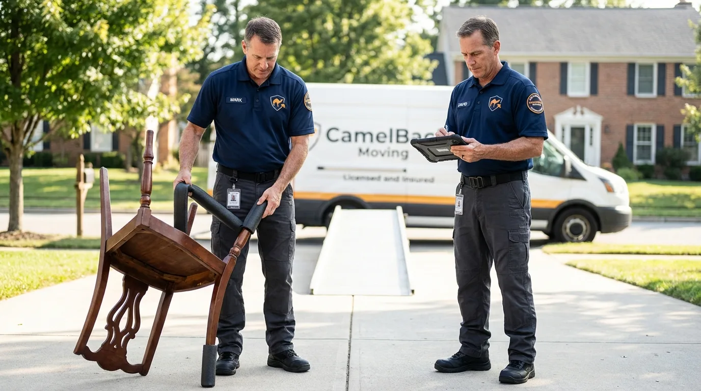 Movers inspecting furniture for damage prevention before loading in Franklinville, NC