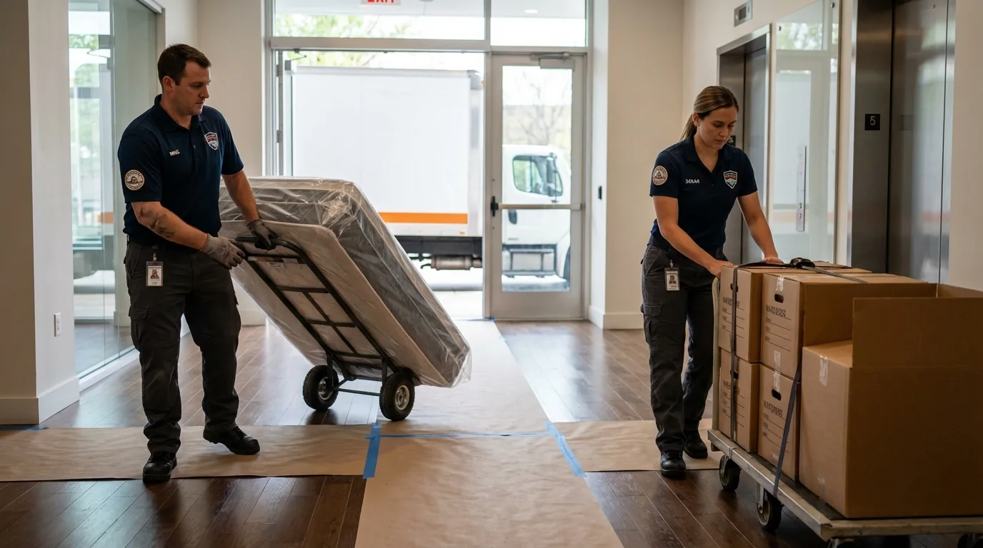 Professional apartment movers loading elevator in Franklinville, NC